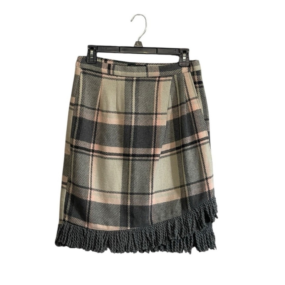 NWT For Cynthia Faux Wrap Skirt Sz Small Pink Plaid Flannel Fringe Academia